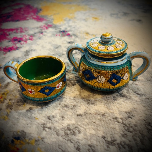Vintage Sambuco Byzantine Mosaic Glazed Ceramic Sugar Bowl & CupMade in Italy
